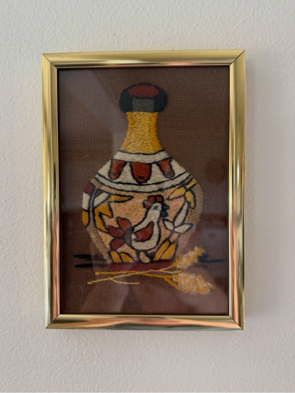 Hand-Embroidered Decorative Vase Wall Art in Yellow and Brown